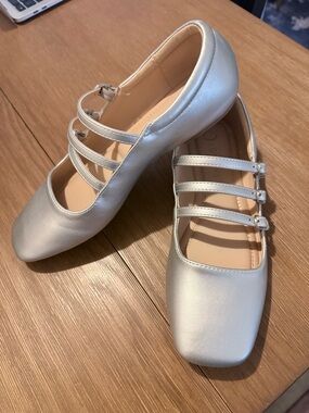 Silver Triple-Strap Mary Jane Flats 6.5